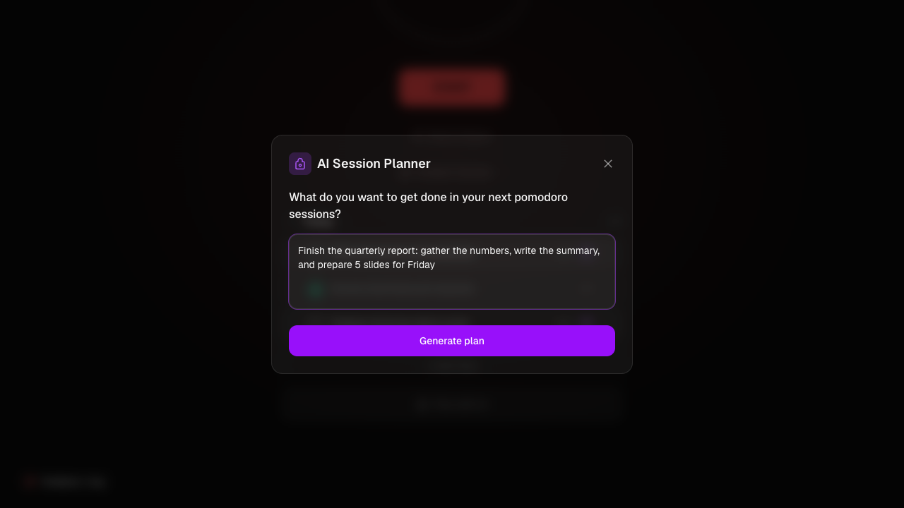 The AI planner's opening screen: the goal question, a filled-in example, and the Generate plan button