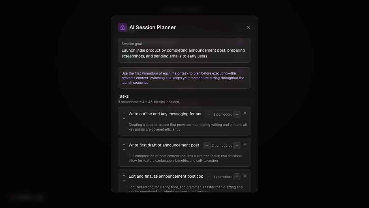 The AI planner's review screen with editable tasks and pomodoro estimates
