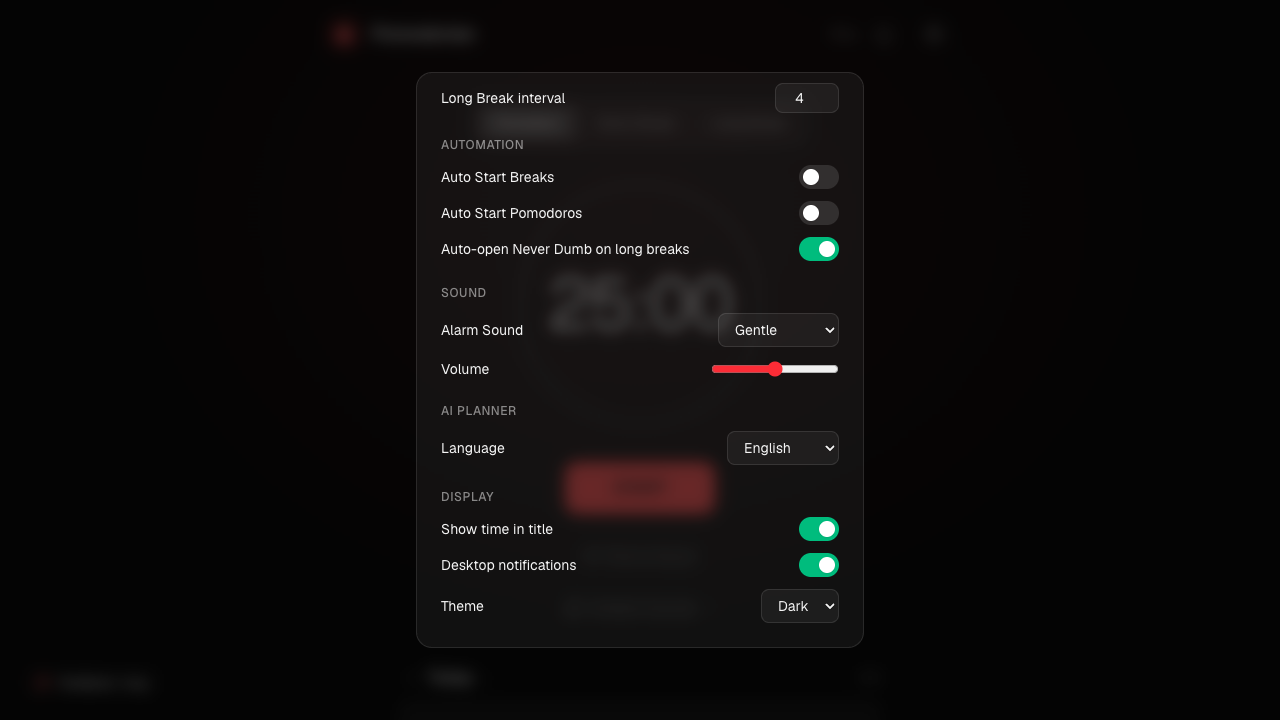 The rest of the Settings modal, scrolled down: AI Planner language and the Display section
