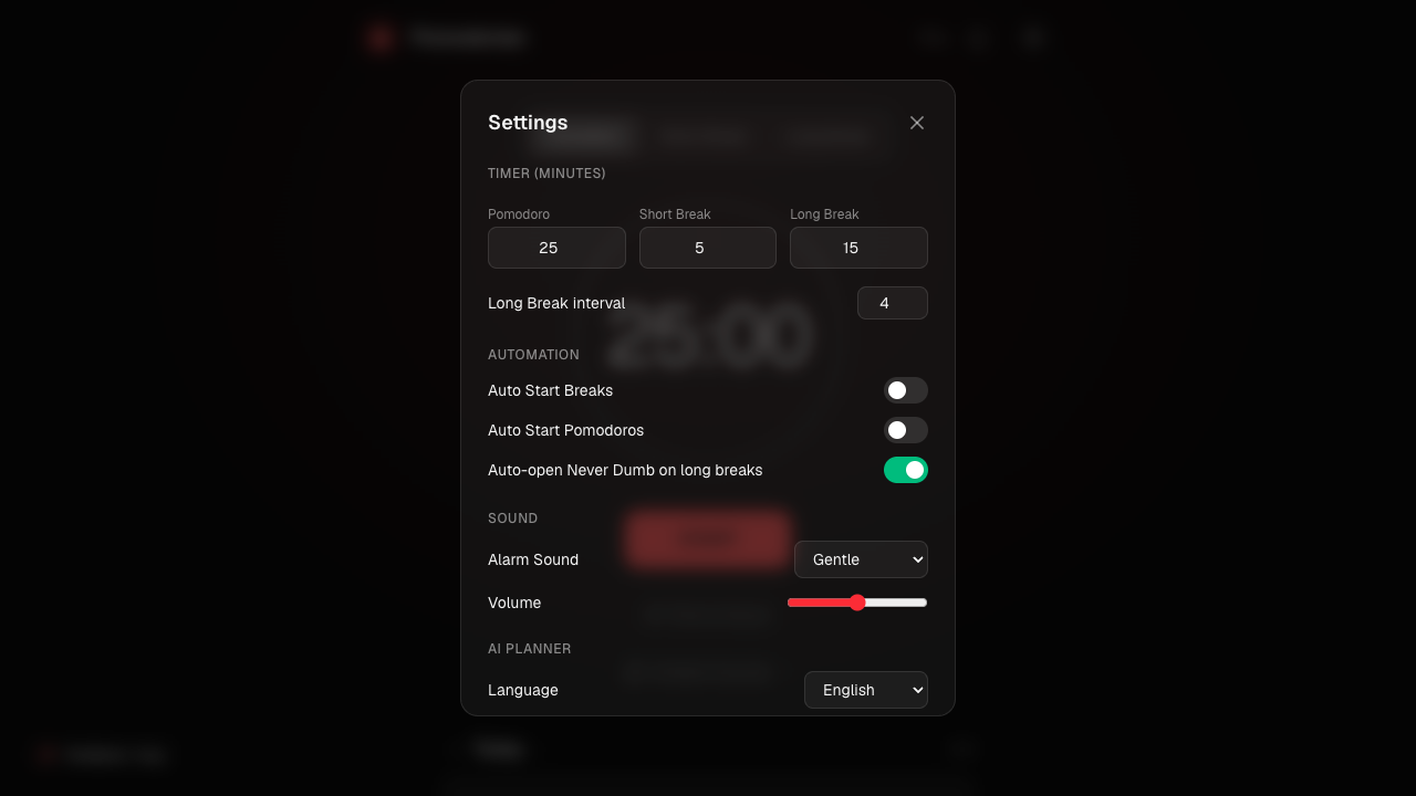 The top of the Settings modal: Timer durations, Long Break interval, Automation toggles, and the start of Sound