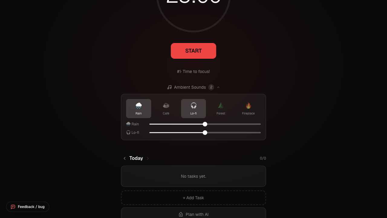 The Ambient Sounds panel with Rain and Lo-fi both active, each with its own volume slider, badged "2"