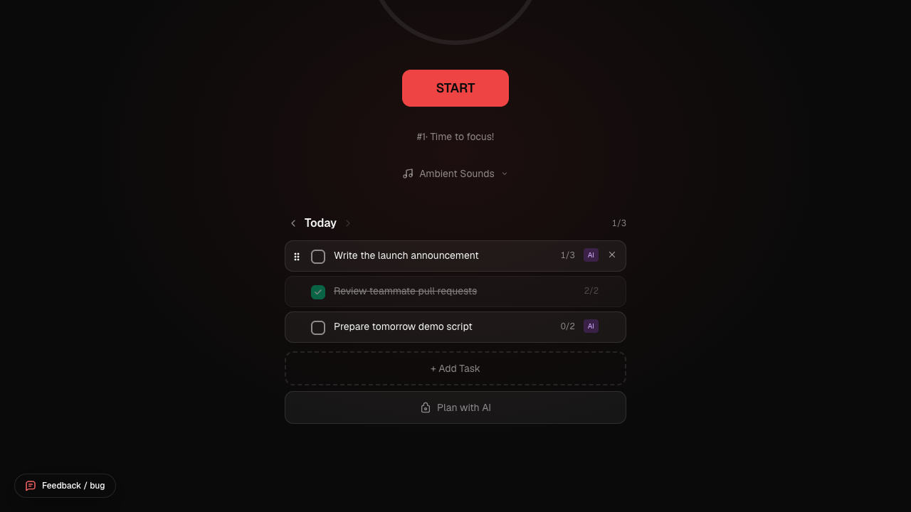 Today's task list: one active task with an AI badge, one completed and struck through, one still to do