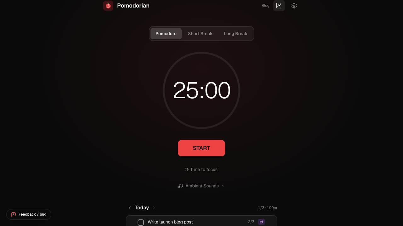 Pomodorian's main timer view with the task list below it